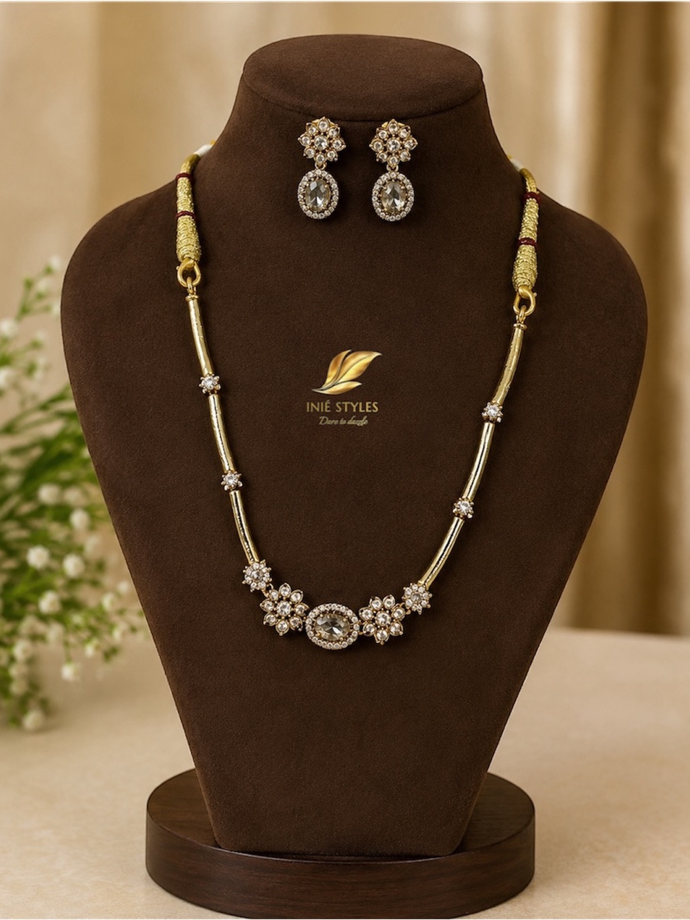 Gold-Tone Floral Crystal Necklace & Earring Set